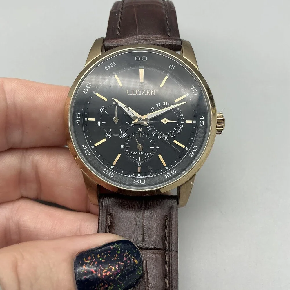 Citizen Eco-Drive Mens Watch 44mm Black Dial Brown Leather 8729-S093040 Day Date